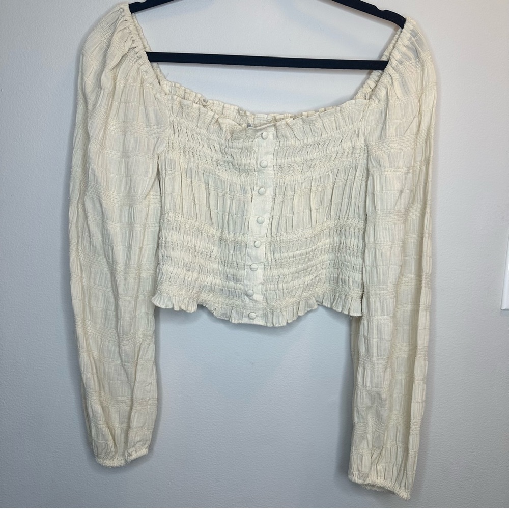 NWT! Gianni Bini Sz L Sand Color Cotton Long Sleeve Crop Top - Picture 8 of 9